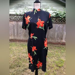 Vintage Navy Blue Mandarin Short Sleeve Mock Neck Dress